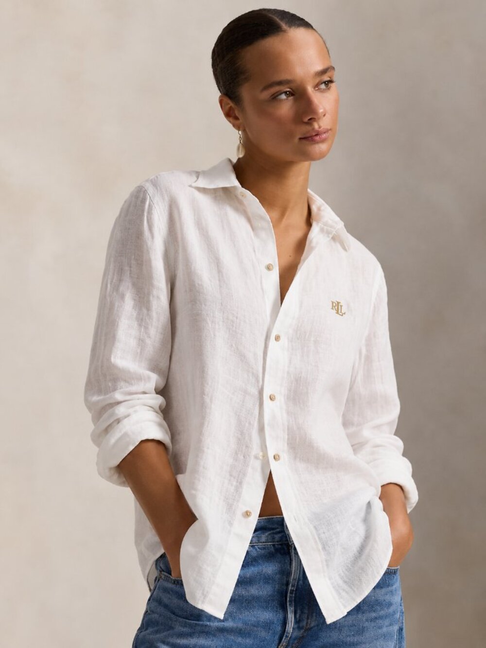 Lauren Ralph Lauren White 100% Linen Button-Up Shirt | Tonal Monogram, Size L